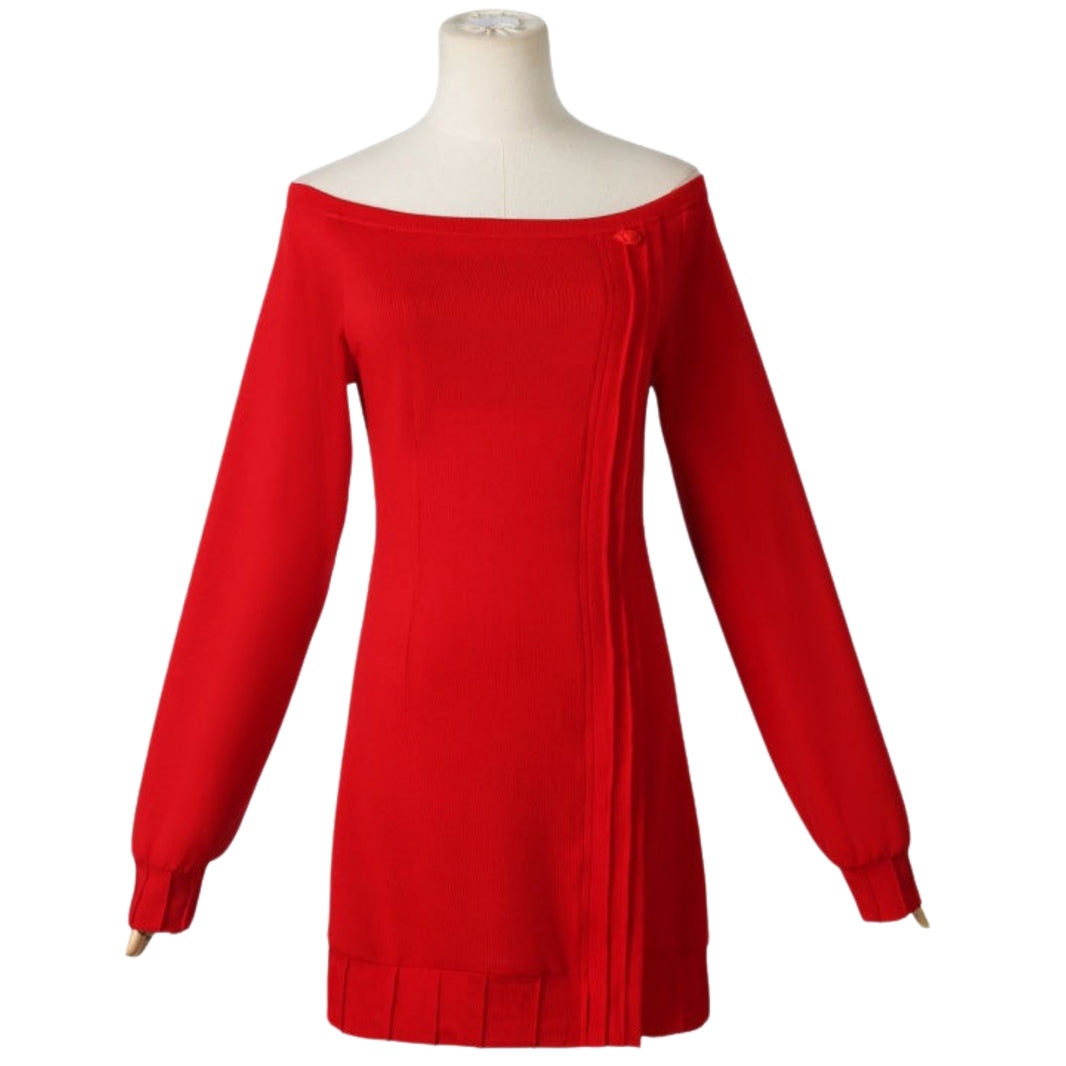 spy x family cosplay yor forger red off shoulder knit dress front shot