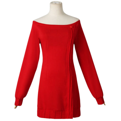 spy x family cosplay yor forger red off shoulder knit dress front shot