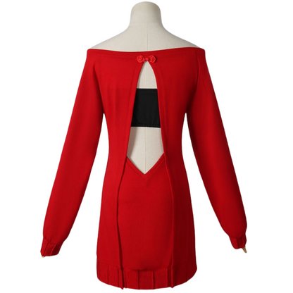 yor cosplay red long sleeve dress open back view spy x family costume