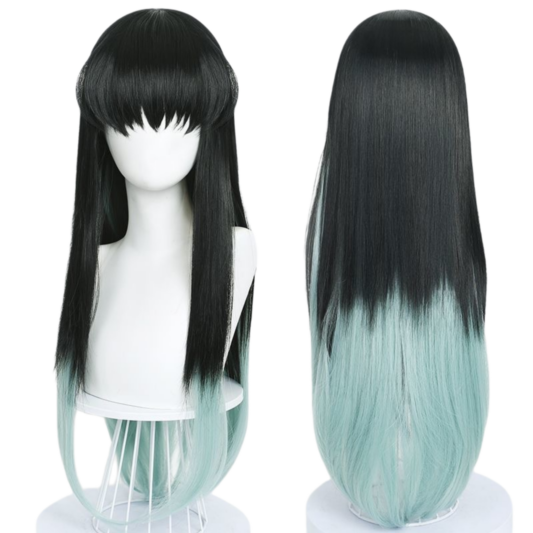 Tokitou Muichirou's blue and black long cosplay wig comparison display