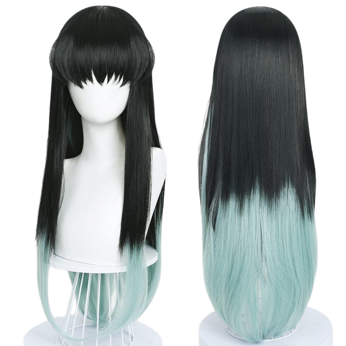 Tokitou Muichirou's blue and black long cosplay wig comparison display