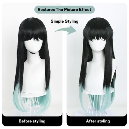 Tokitou Muichirou's blue and black long cosplay wig outfit comparison
