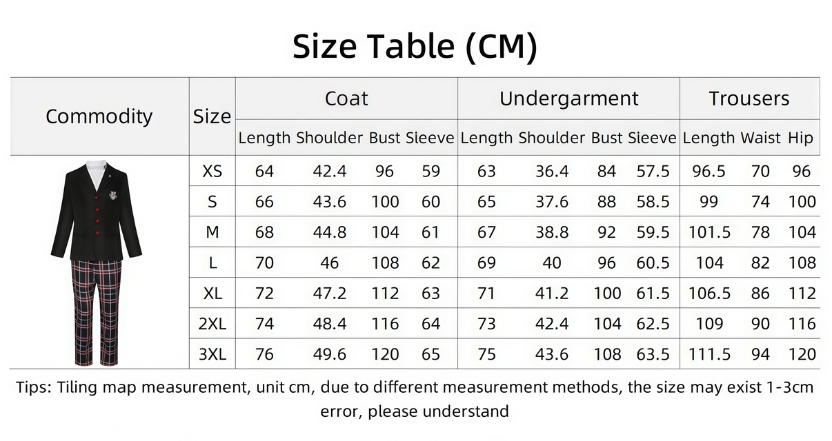 Amamiya Ren cosplay costume size chart