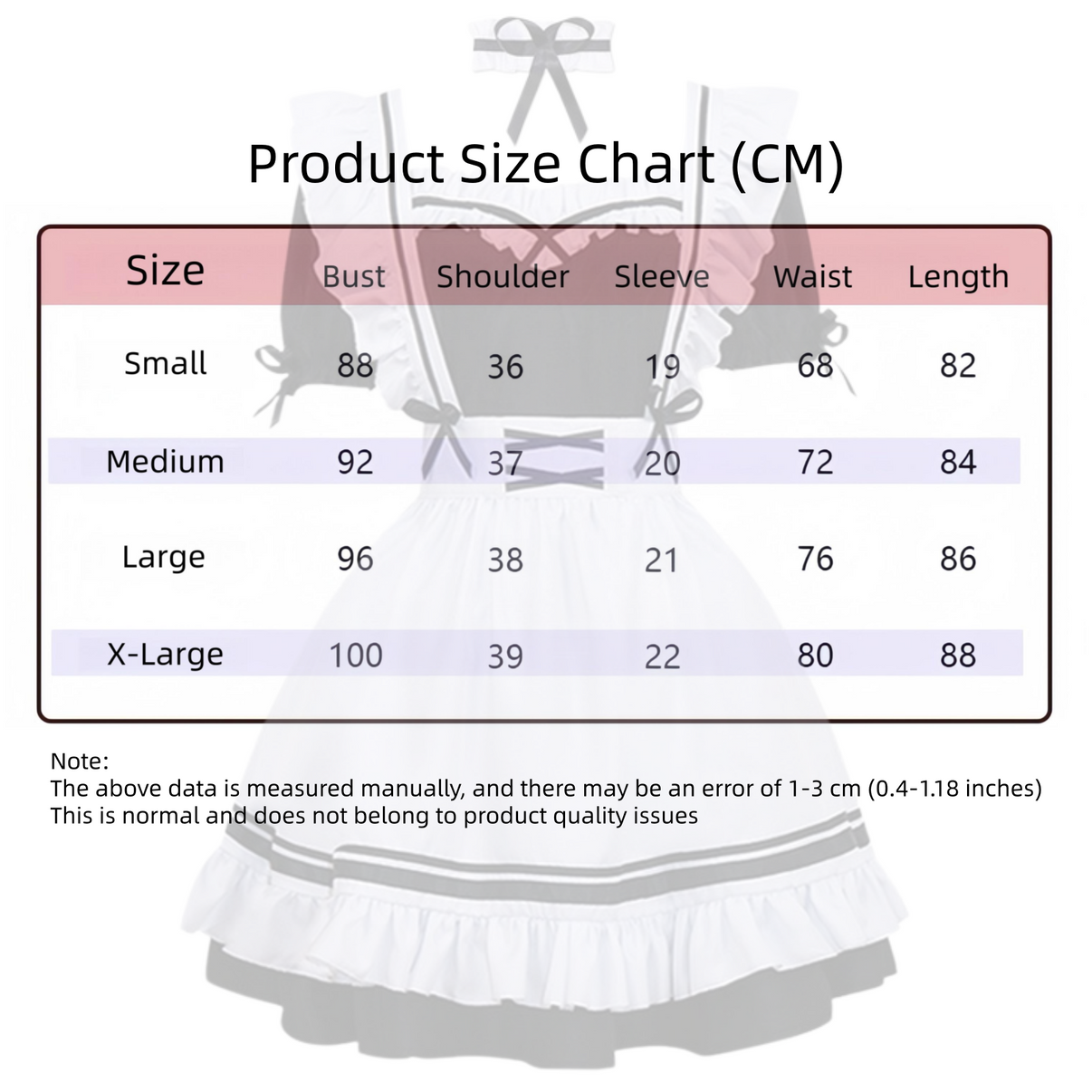black and white lolita maid cosplay costume size chart