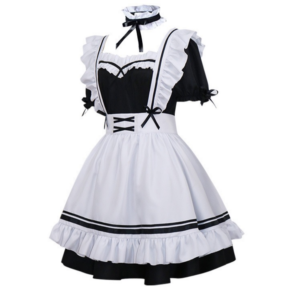 anime maid cosplay black white dress apron full length front view
