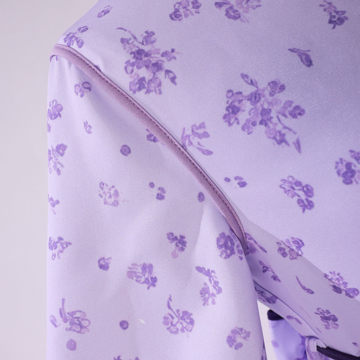 Frieren Fern cosplay purple floral dress shoulder details