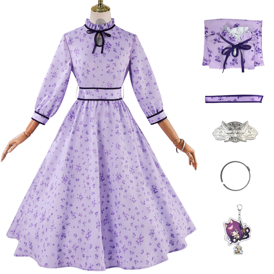 Frieren Fern cosplay purple floral dress full set display