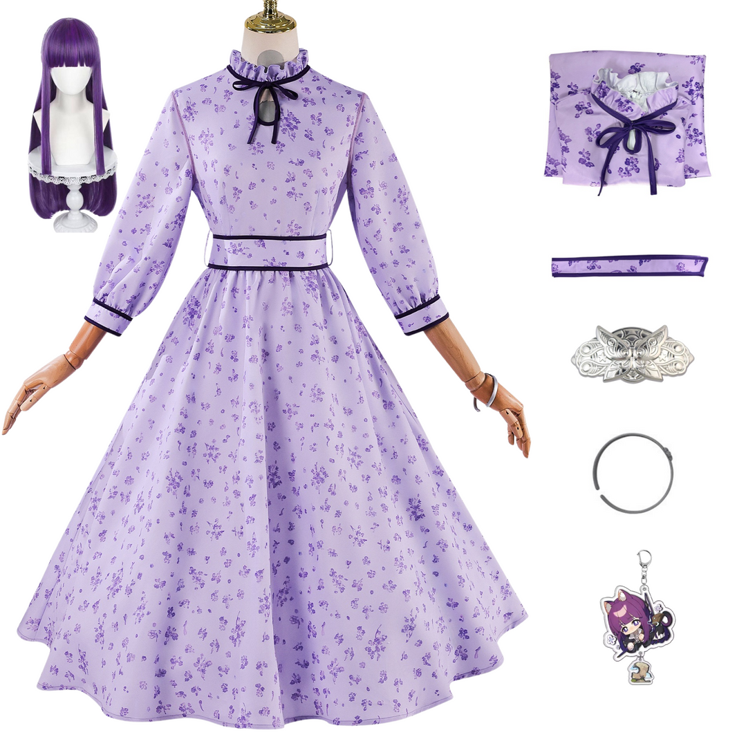 Frieren Fern cosplay purple floral dress full set display with wig