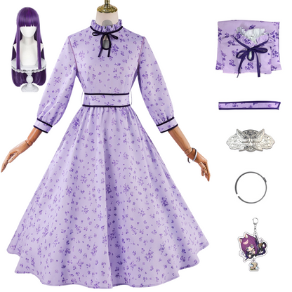 Frieren Fern cosplay purple floral dress full set display with wig