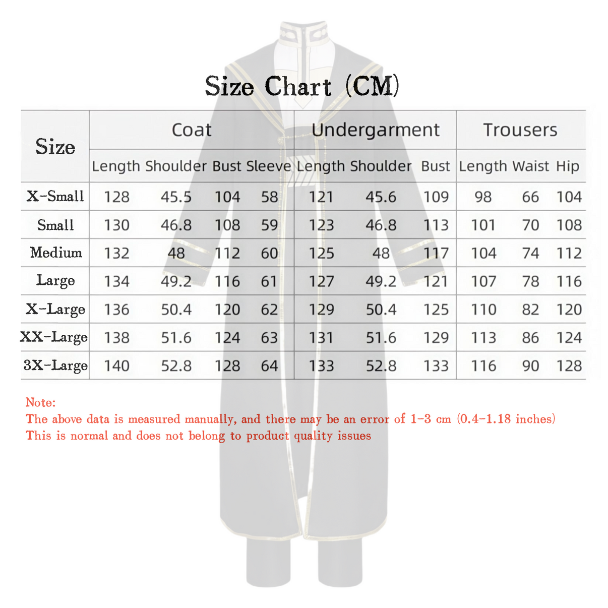 Heiter cosplay black long coat costume Size chart
