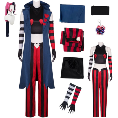 Hotel Velvette cosplay costume full set flat lay display with wig