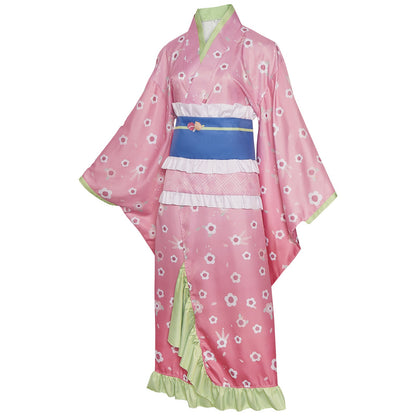Side view of Kanroji Mitsuri cosplay pink kimono uniform