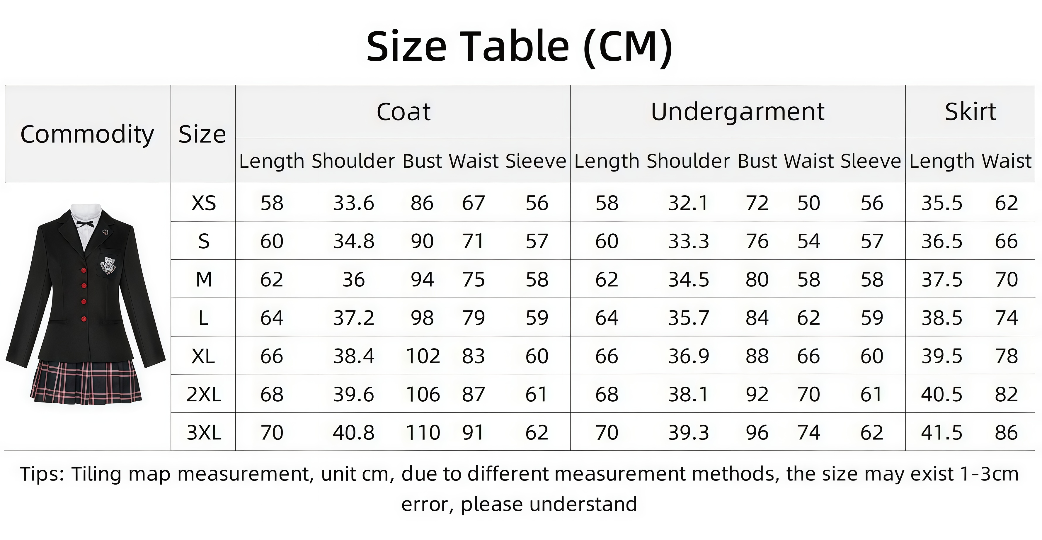 Persona 5 Kasumi Yoshizawa cosplay costume size chart