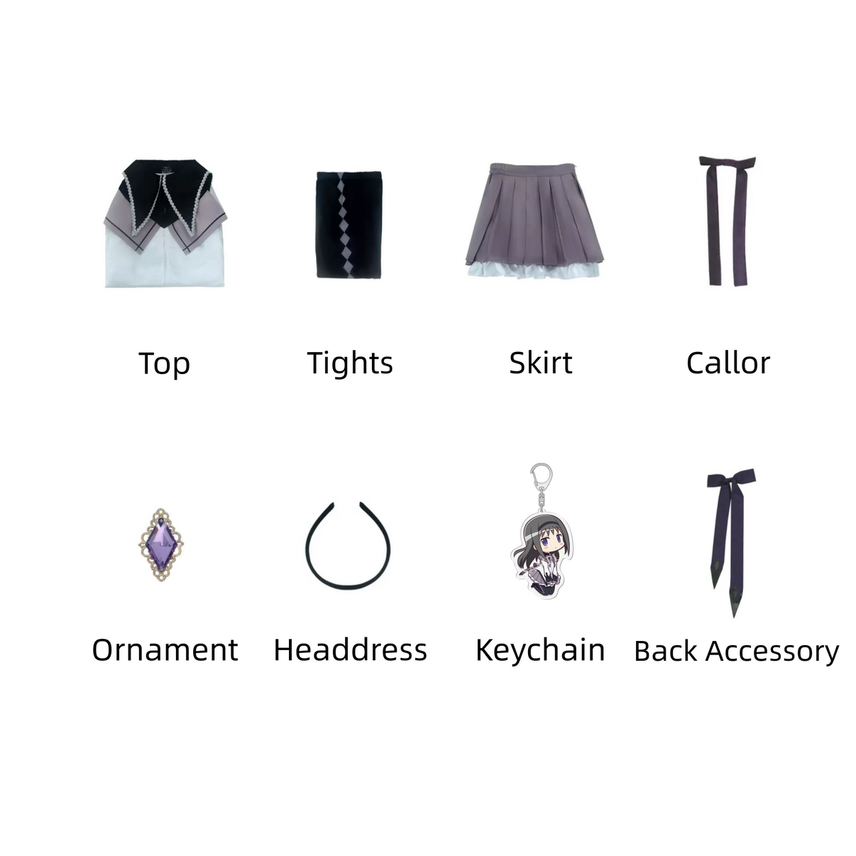 Homura Akemi cosplay costume full set flat lay display