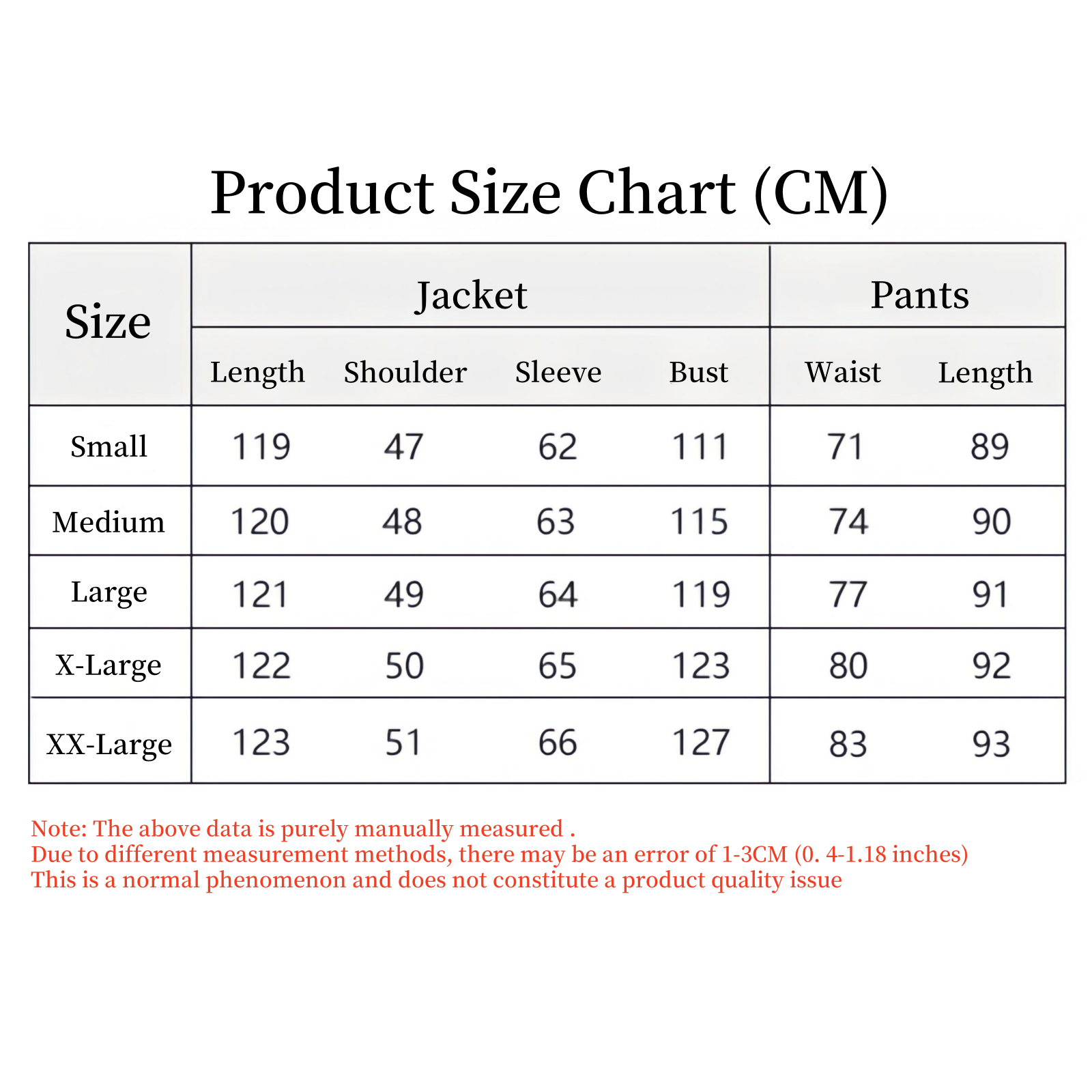 Sung Jinwoo cosplay size chart reference