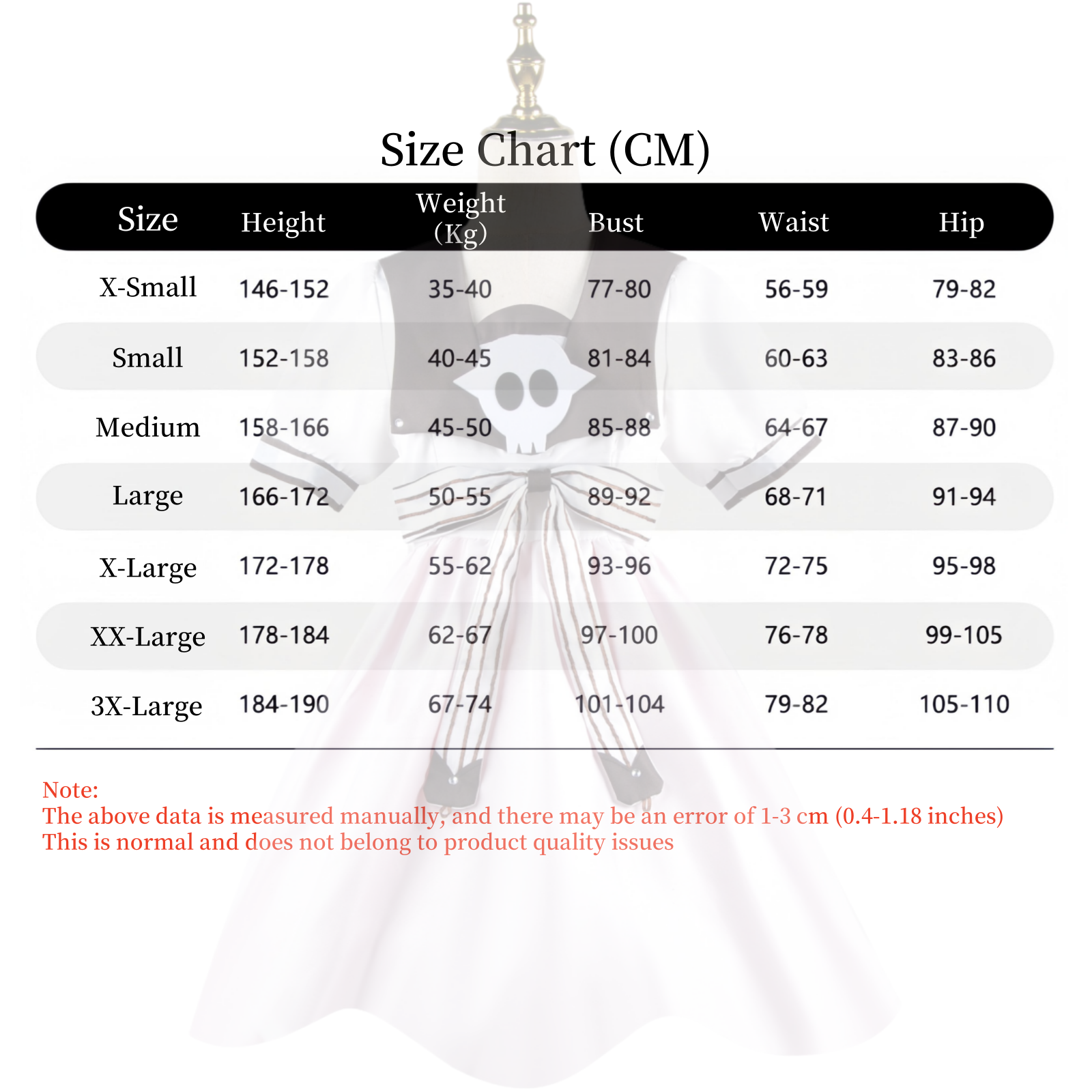 Yashiro Nene cosplay costume size chart
