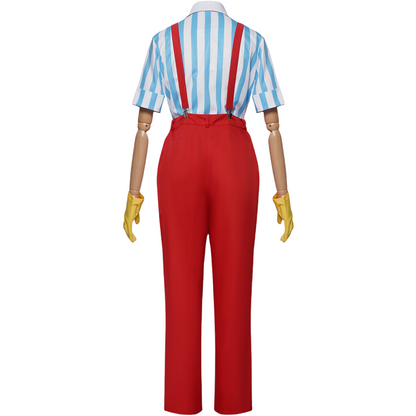 Kasane Teto red suspender pants blue stripe shirt cosplay costume back view