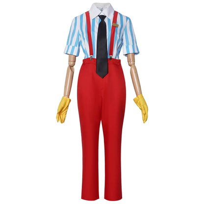 Vocaloid Kasane Teto red suspender pants blue stripe shirt cosplay costume front view