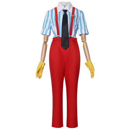 Vocaloid Kasane Teto red suspender pants blue stripe shirt cosplay costume front view