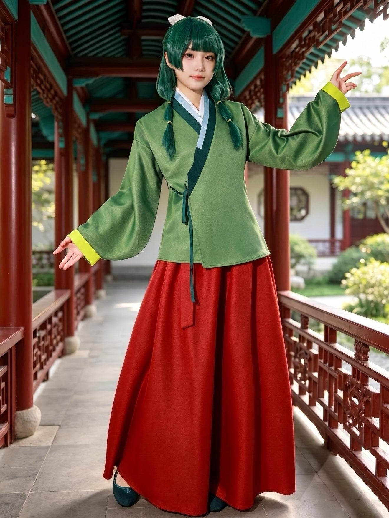 maomao apothecary diaries cosplay outfit green hanfu red long skirt ancient chinese corridor background anime cosplay