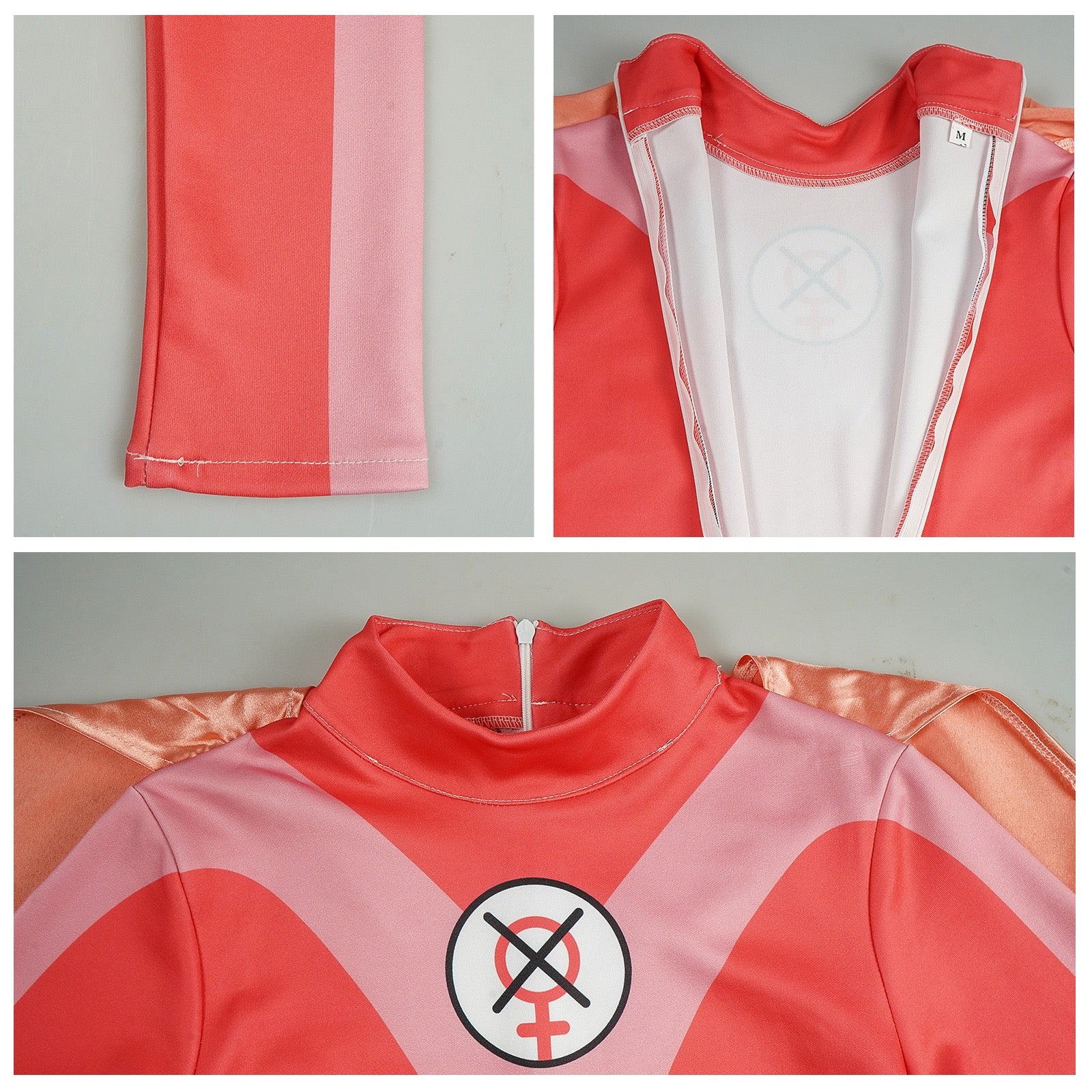 closeup of atom eve jumpsuit sleeve stitching, rear zipper and chest printed symbol