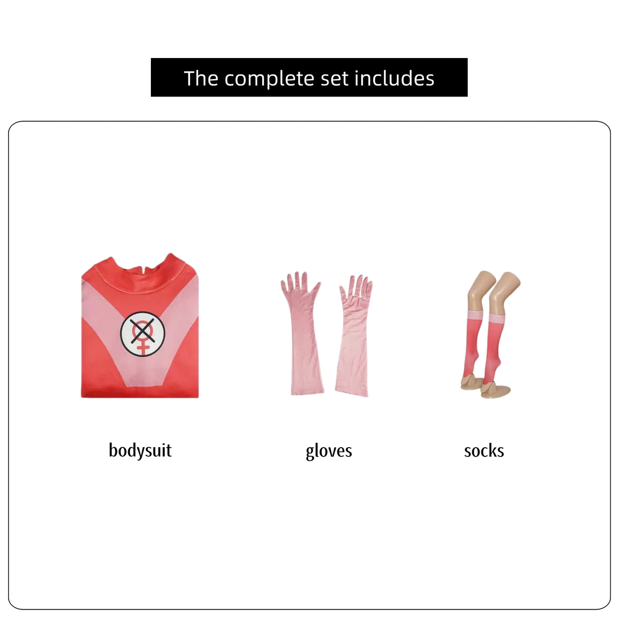 complete parts list of atom eve costume, bodysuit long gloves thigh high socks