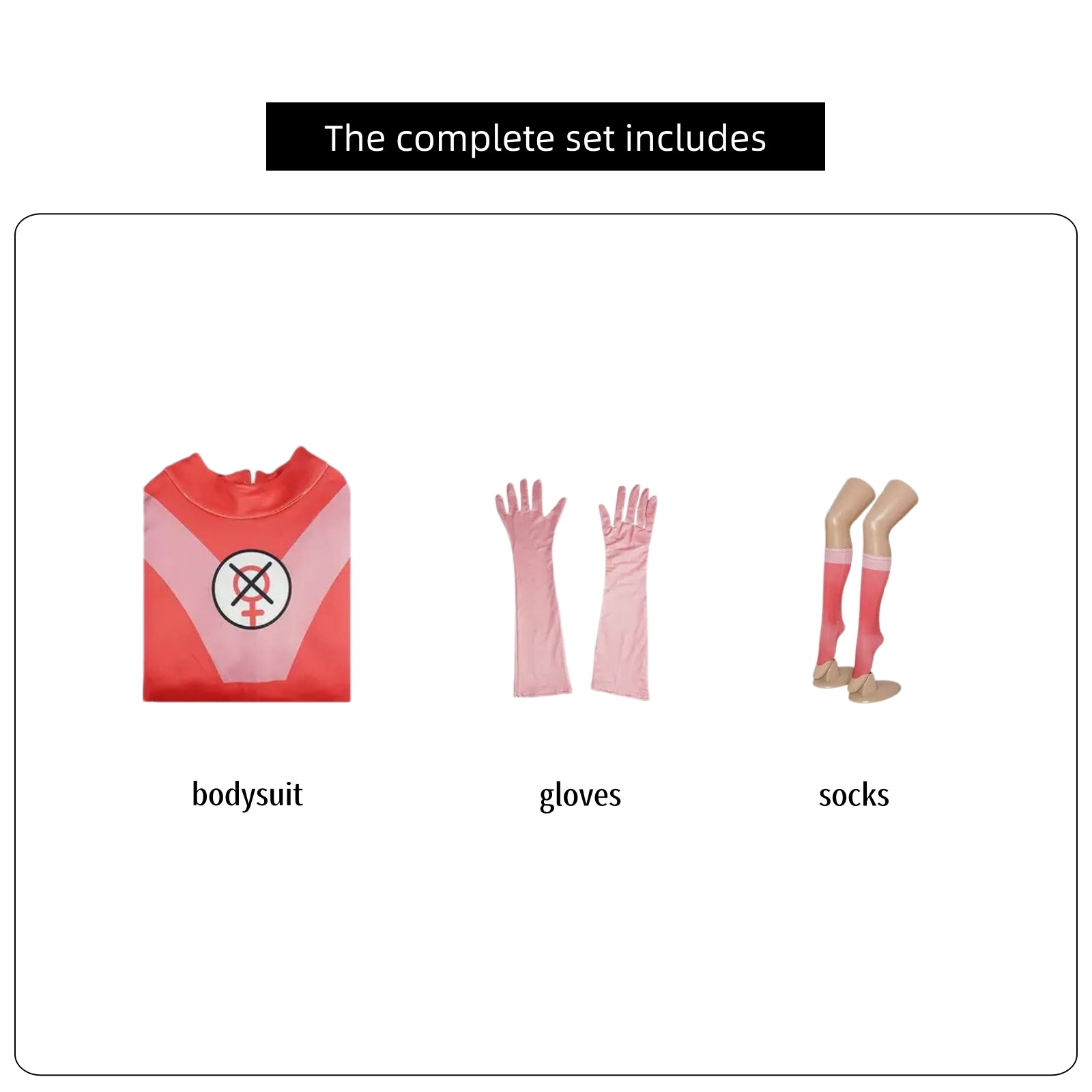 complete parts list of atom eve costume, bodysuit long gloves thigh high socks