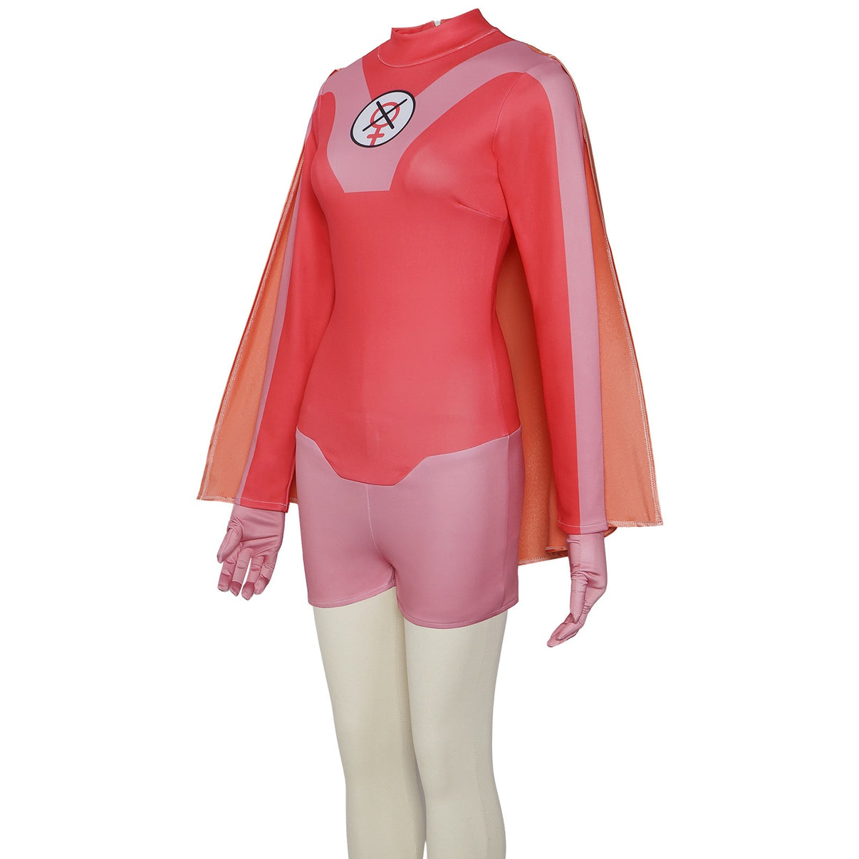 side view of pink red atom eve bodysuit with long sleeve matching gloves