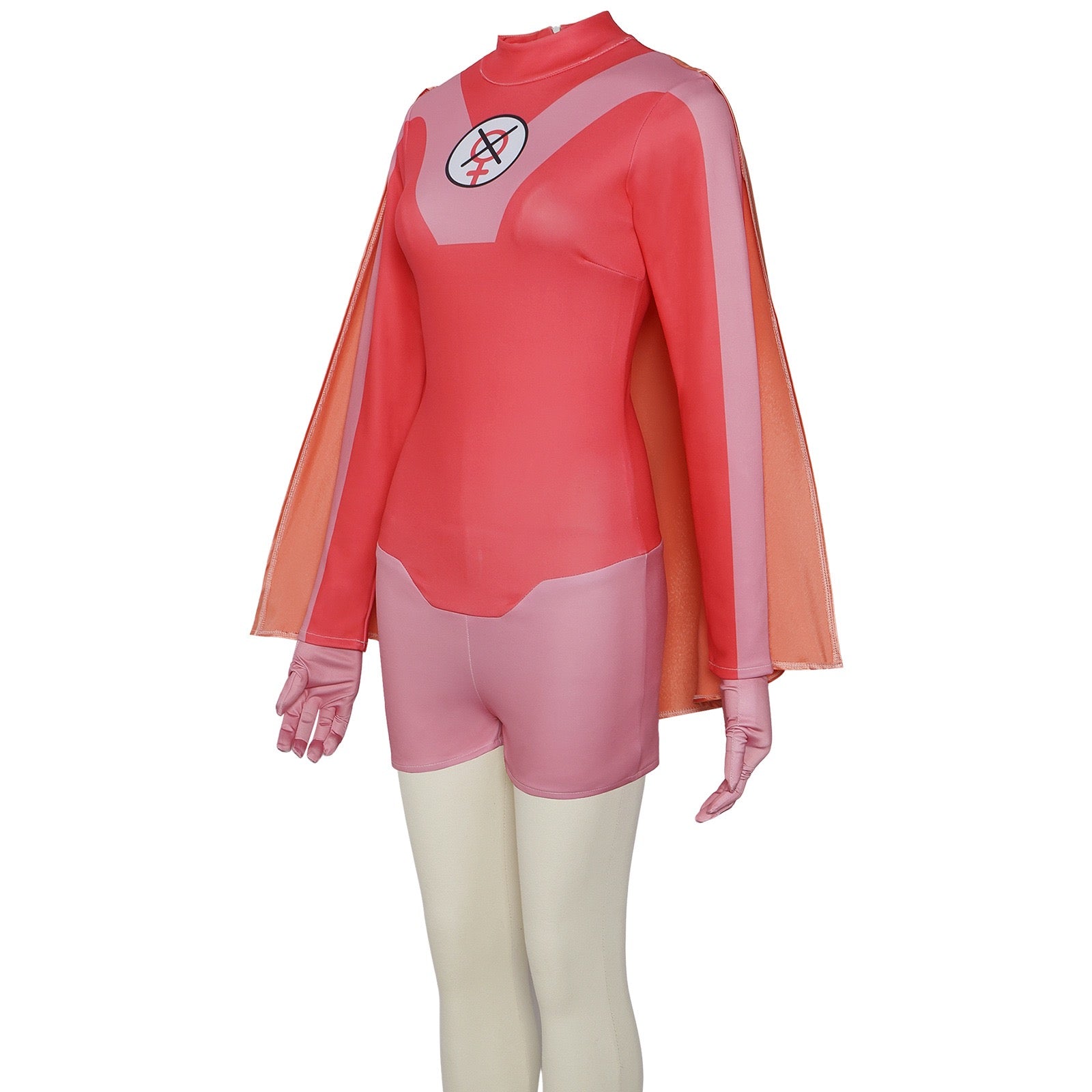 side view of pink red atom eve bodysuit with long sleeve matching gloves