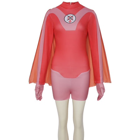 full front shot of atom eve cos jumpsuit with satin cape and printed chest emblem