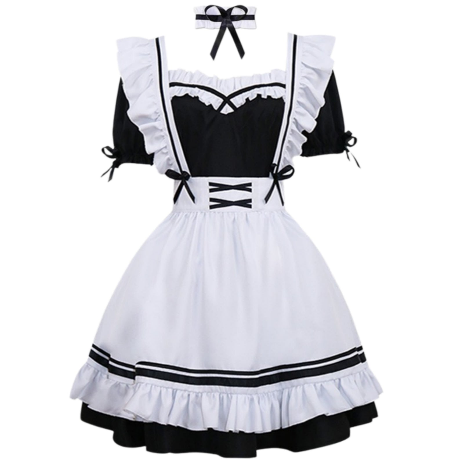 classic lolita maid dress black white frilly apron dress halloween maid cosplay outfit front view
