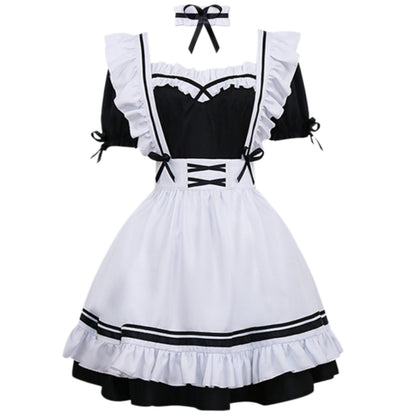 classic lolita maid dress black white frilly apron dress halloween maid cosplay outfit front view
