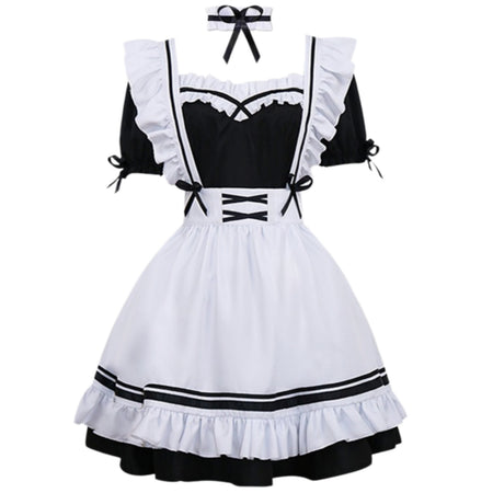 classic lolita maid dress black white frilly apron dress halloween maid cosplay outfit front view