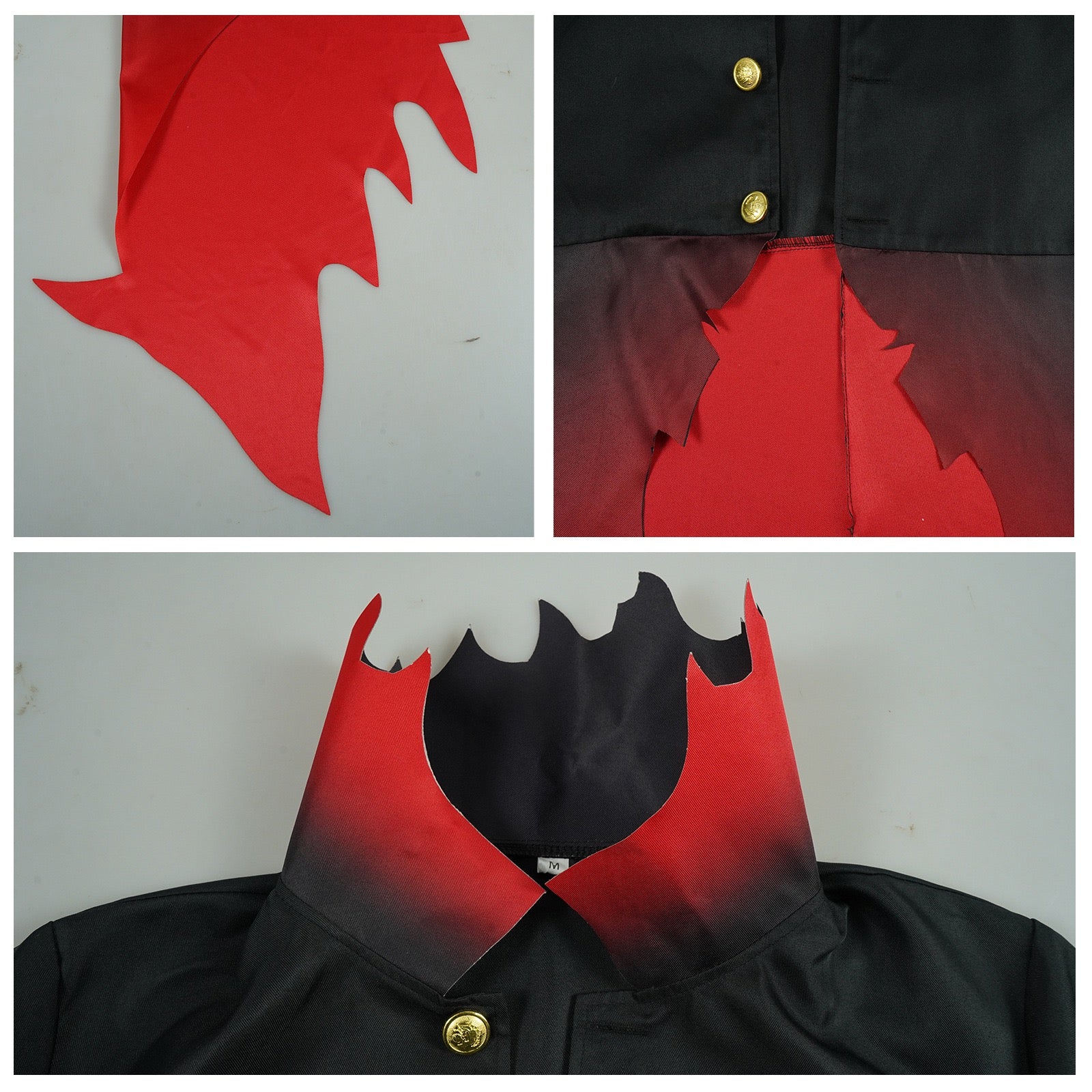 okarun dandadan cosplay coat jagged flame collar red gradient fabric sewing close up