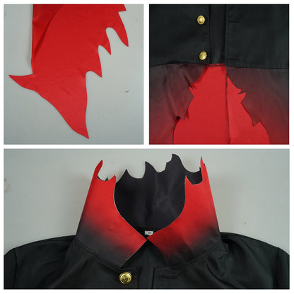 okarun dandadan cosplay coat jagged flame collar red gradient fabric sewing close up