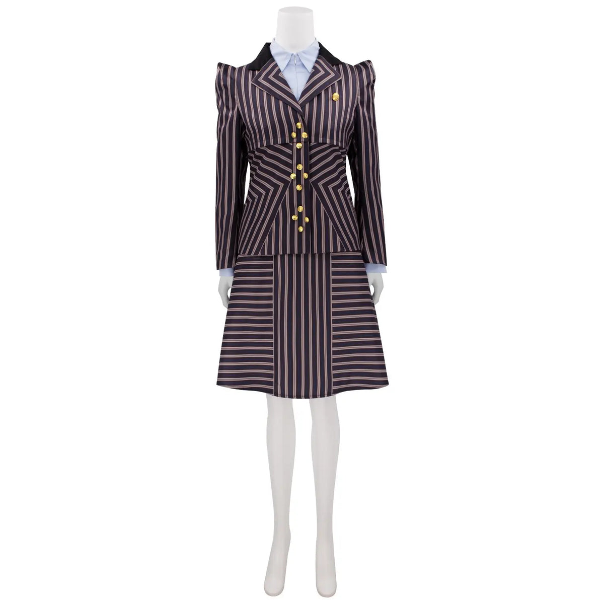 mannequin shows full elphaba shiz university striped uniform suit front view