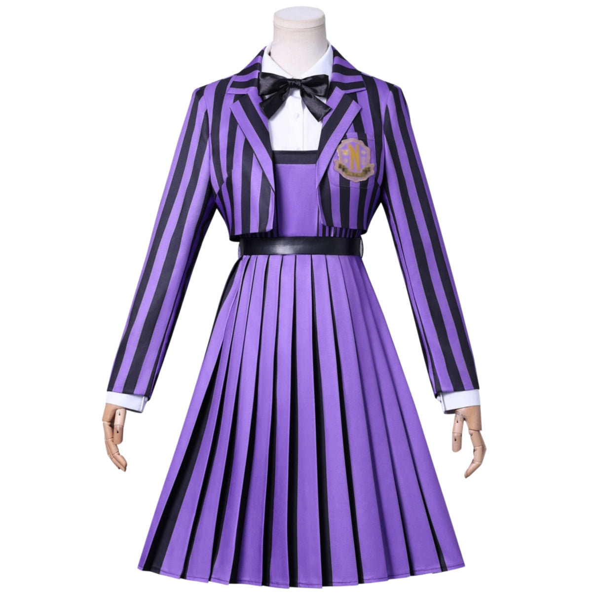 wednesday show school uniform purple blazer pleated dress complete outfit