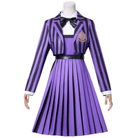 wednesday show school uniform purple blazer pleated dress complete outfit