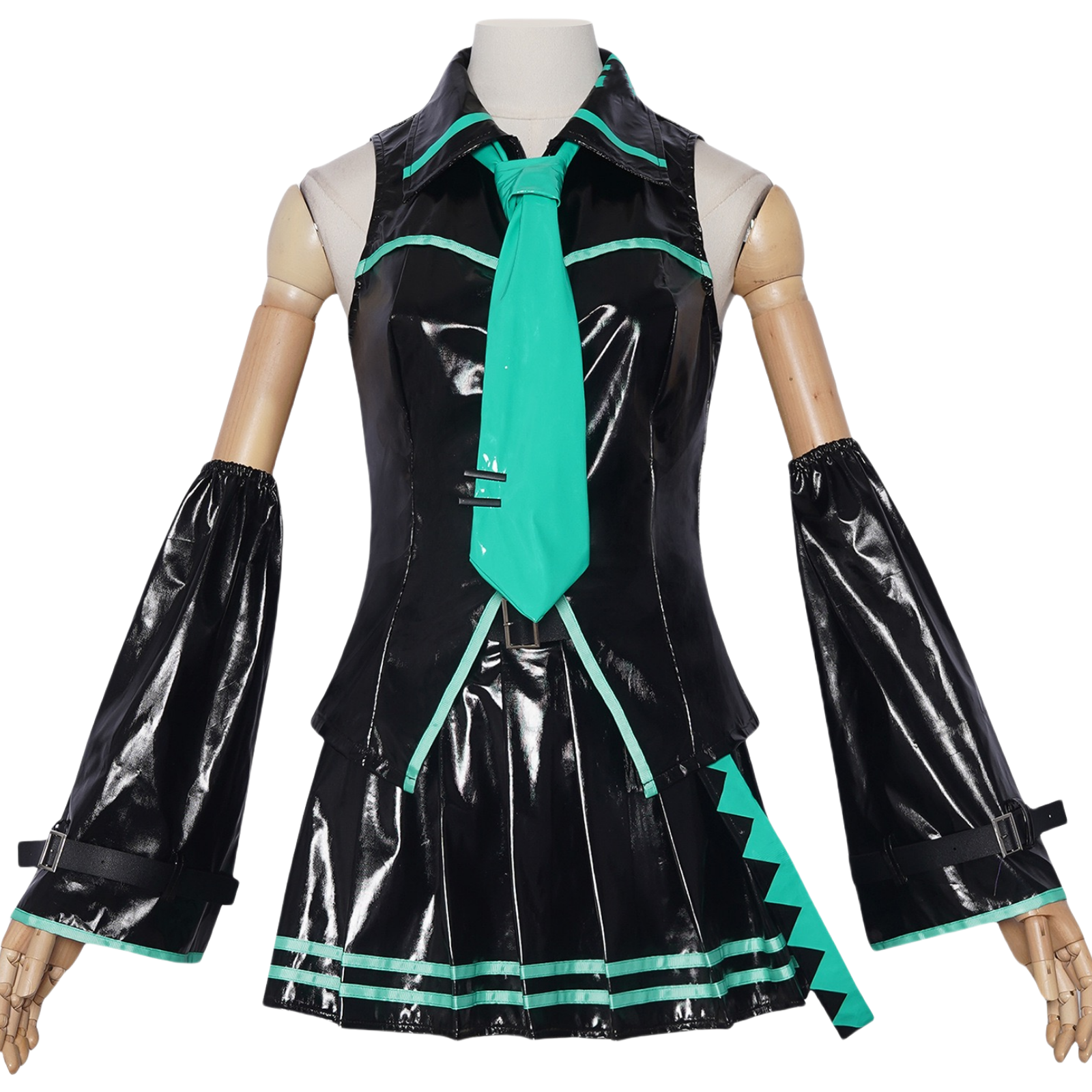 Hatsune Miku black patent leather cosplay dress full set front view