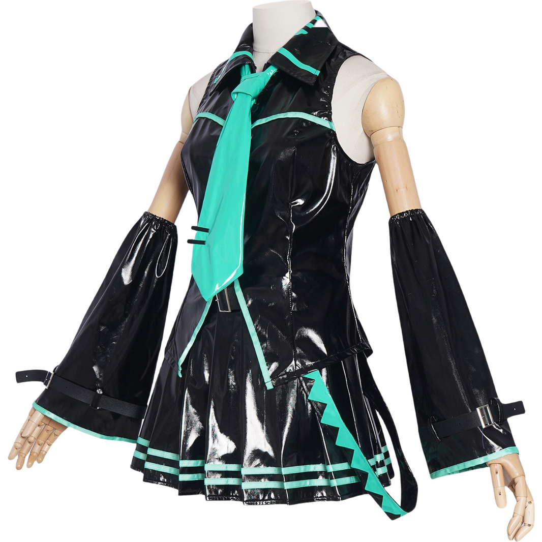 Hatsune Miku black cosplay costume with green tie front view