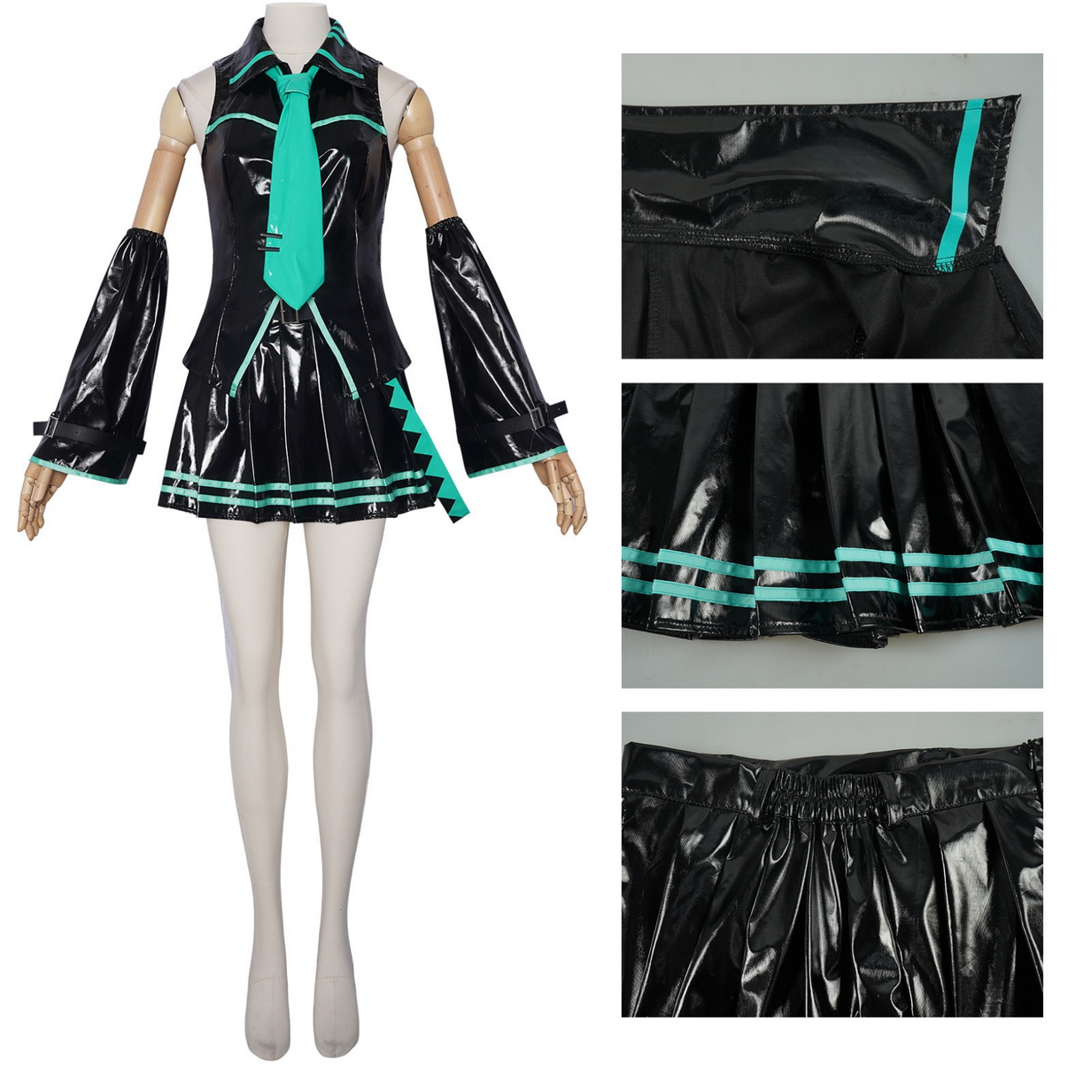 Hatsune Miku black patent leather cosplay costume front and details
