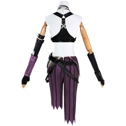 Back view of Jinxx cosplay purple costume