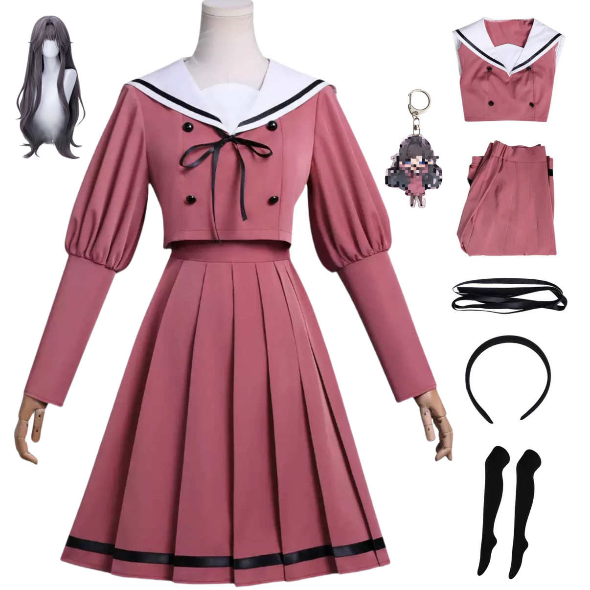 Kaoruko Waguri pink sailor dress cosplay costume full set flat lay with wig