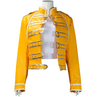 front view of yellow pu cropped stage jacket for freddie mercury cosplay