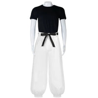 fushiguro toji cosplay black t shirt and white baggy pants front view