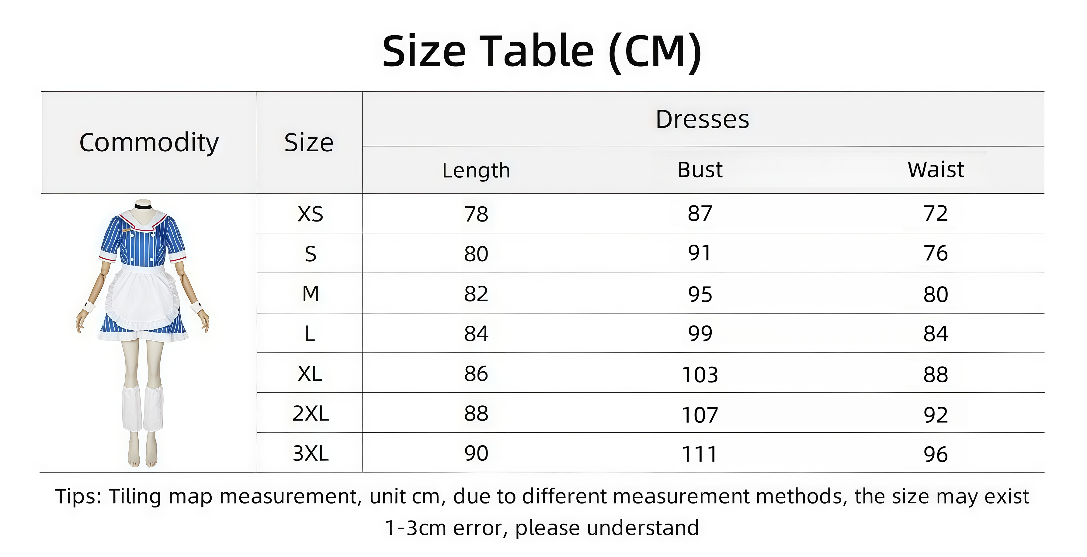 Vocaloid blue JK maid cosplay costume size chart XS to 3XL