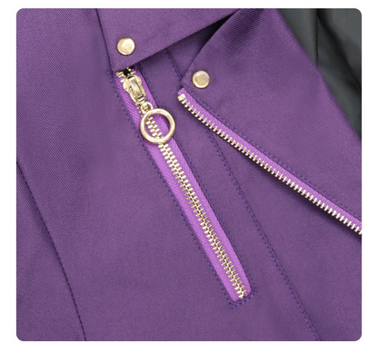 Close-up of the zipper on Nozomi Kirifuji's purple school uniform cosplay jacket