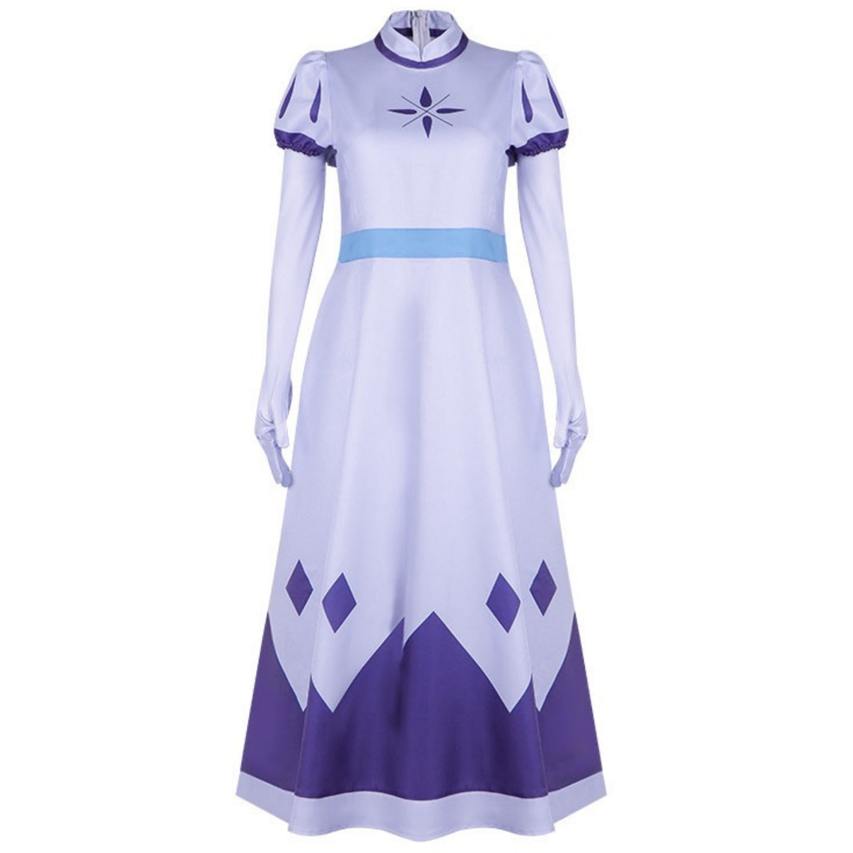 front full shot of emily hazbin hotel purple white cosplay gown with gloves