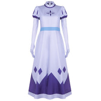 front full shot of emily hazbin hotel purple white cosplay gown with gloves