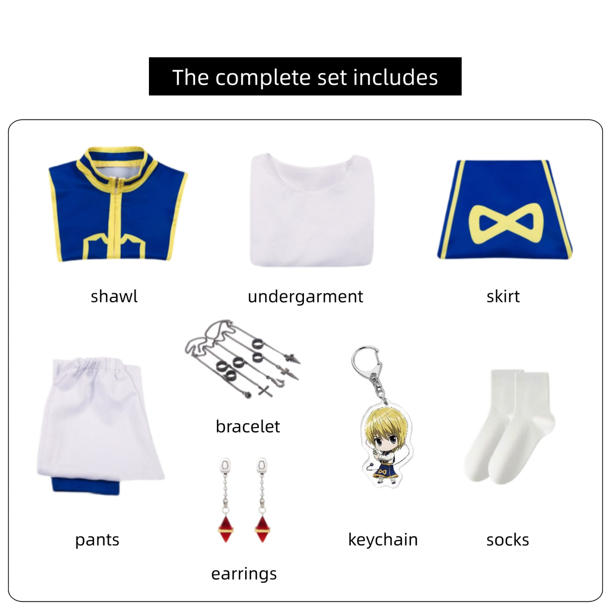 kurapika hunter x hunter cos set parts shawl undergarment skirt pants bracelet earrings socks keychain display